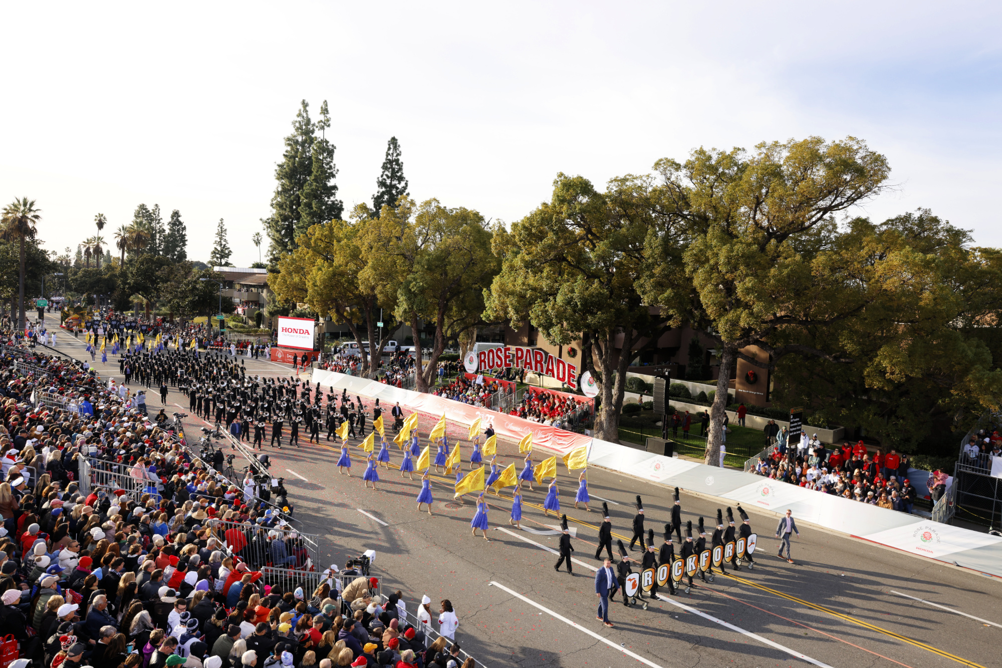 Rockford High School Marching Band marches in the 2023 Tournament of Roses Parade in Pasadena, California.